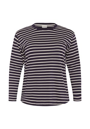 Langarmshirt in donker marineblauw met witte horizontale strepen. Heeft een ronde halslijn en een relaxte pasvorm. Gemaakt van zachte, jersey-achtige stof.