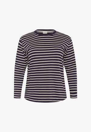 Majica z dolgimi rokavi v temnem mornarsko modrem odtenku z belimi vodoravnimi črtami. Ima okroglo izrez in sproščen kroj. Narejena je iz mehkega, jersey stila tkanine.