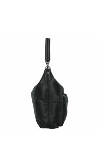 Schwarze Ledertasche mit runder Form, einem einzelnen Tragegurt und einer Seitentasche. Verfügt über dezente Nähte und einen silberfarbenen Hardware-Akzent.
