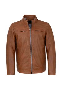 Braune Lederjacke mit Stehkragen, frontaler Reißverschluss und zwei horizontalen Reißverschlusstaschen. Glatte Textur und taillierte Passform.