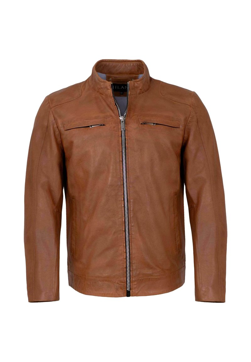 Braune Lederjacke mit Stehkragen, frontaler Reißverschluss und zwei horizontalen Reißverschlusstaschen. Glatte Textur und taillierte Passform.