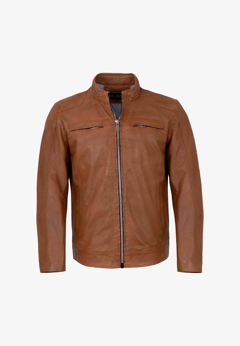 Braune Lederjacke mit Stehkragen, frontaler Reißverschluss und zwei horizontalen Reißverschlusstaschen. Glatte Textur und taillierte Passform.