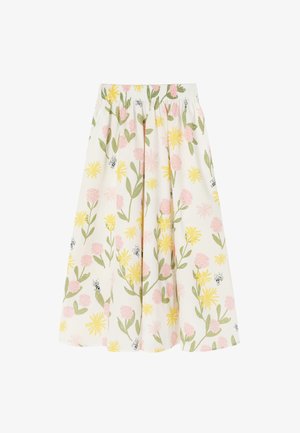 Gonna floreale a lunghezza ginocchio con base bianca, rose rosa e fiori gialli, vita elastica e tessuto leggero e traspirante.