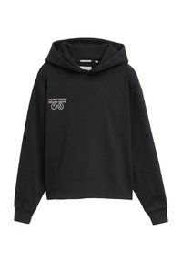 Zwarte cropped hoodie van zacht materiaal. Beschikt over een capuchon met trekkoord en gedrukt de tekst "HUIDIGE MOED VOELEN GOED" met iconen.
