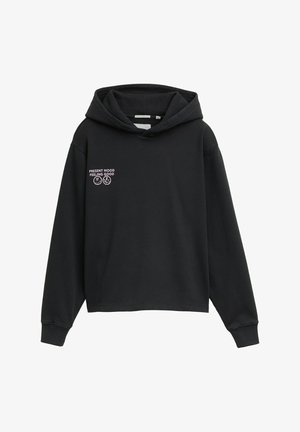 Zwarte cropped hoodie van zacht materiaal. Beschikt over een capuchon met trekkoord en gedrukt de tekst "HUIDIGE MOED VOELEN GOED" met iconen.