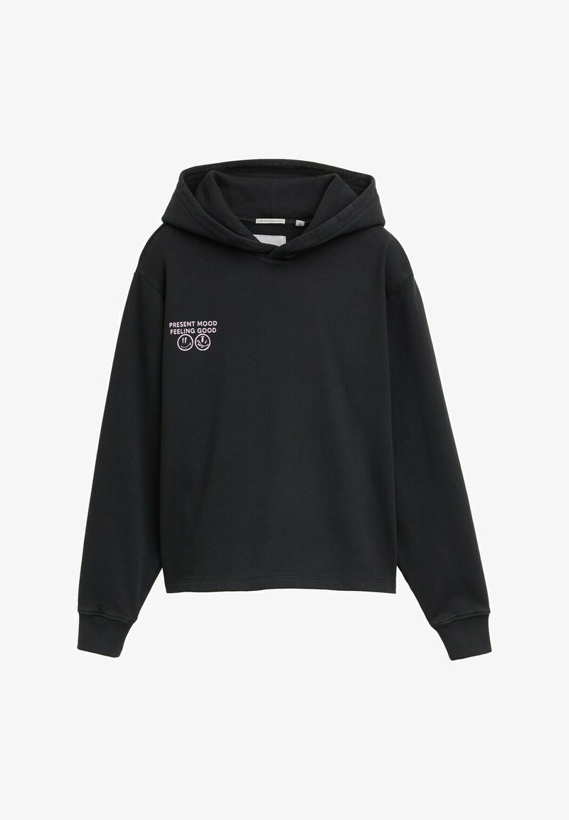 Felpa nera a maniche corte realizzata in tessuto morbido. Presenta un cappuccio con cordino e testo stampato che dice "UMORE PRESENTE, SENSO DI BENE" con icone.