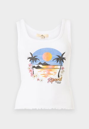 Camiseta sin mangas blanca con textura acanalada, con escena de playa al atardecer, palmeras, flores y el texto del logo "Ripcurl" en el frente.