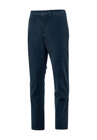 Pantaloni di velluto a coste blu navy con design a gamba dritta, caratterizzati da una chiusura a bottone, passanti per la cintura e una leggera texture a coste.