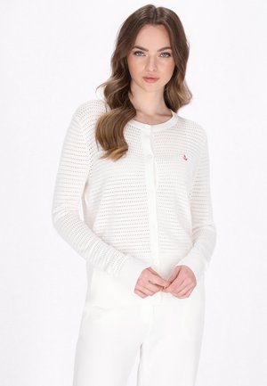 White, lightweight cardigan with a open weave pattern, button closure, and ribbed cuffs, featuring a small red anchor logo on the chest.