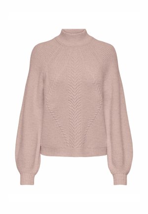 Cable-knit sweater in soft pink. Features a turtleneck, balloon sleeves, and ribbed hem. Made from a textured, cozy yarn.