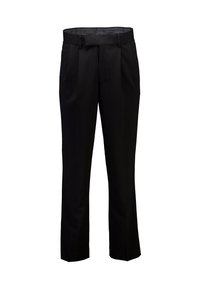 Czarne spodnie wykonane z gładkiej tkaniny, z płaskim przodem, szlufkami na pasek oraz prostymi nogawkami z delikatnymi zakładkami.