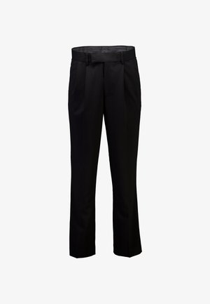 Zwarte broek gemaakt van gladde stof, met een platte voorkant, riemlussen en een recht model met subtiele plooien.