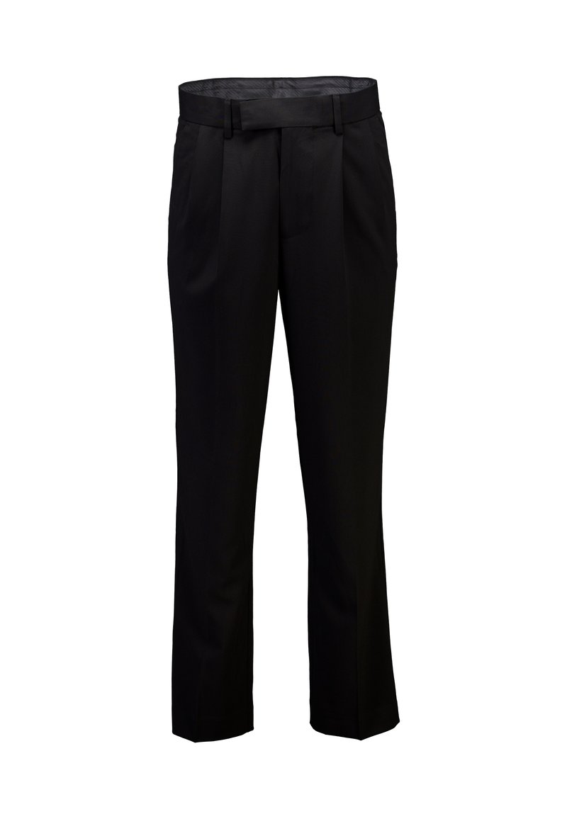 Czarne spodnie wykonane z gładkiej tkaniny, z płaskim przodem, szlufkami na pasek oraz prostymi nogawkami z delikatnymi zakładkami.