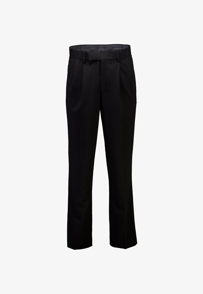 Czarne spodnie wykonane z gładkiej tkaniny, z płaskim przodem, szlufkami na pasek oraz prostymi nogawkami z delikatnymi zakładkami.