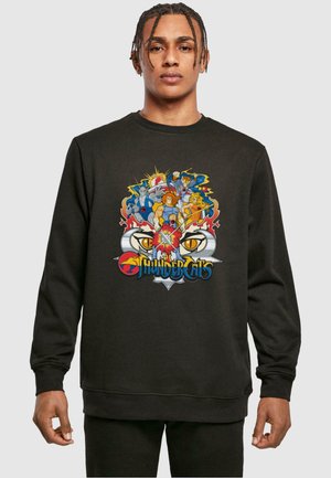 Black sweatshirt featuring a colorful graphic of Thundercats characters, with a round neckline and ribbed cuffs.