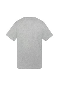 Camiseta gris de manga corta en una suave mezcla de algodón, con un clásico cuello redondo y un diseño en la parte trasera liso, sin detalles adicionales.