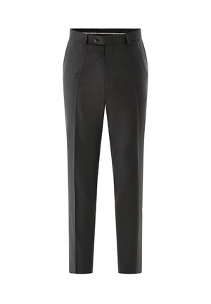 Dunkelgraue formelle Hose mit Gürtelschlaufen, Frontknopf- und Reißverschluss, mit schmaler, konischer Passform und Bügelfalten an den Beinen.