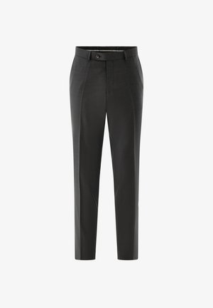 Dunkelgraue formelle Hose mit Gürtelschlaufen, Frontknopf- und Reißverschluss, mit schmaler, konischer Passform und Bügelfalten an den Beinen.