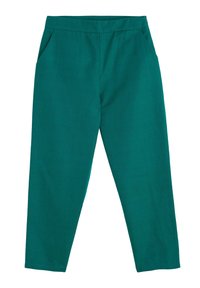Turkusowe spodnie wykonane z lekkiego materiału, z dwiema przednimi kieszeniami, prostym krojem i elastycznym pasem dla komfortu.