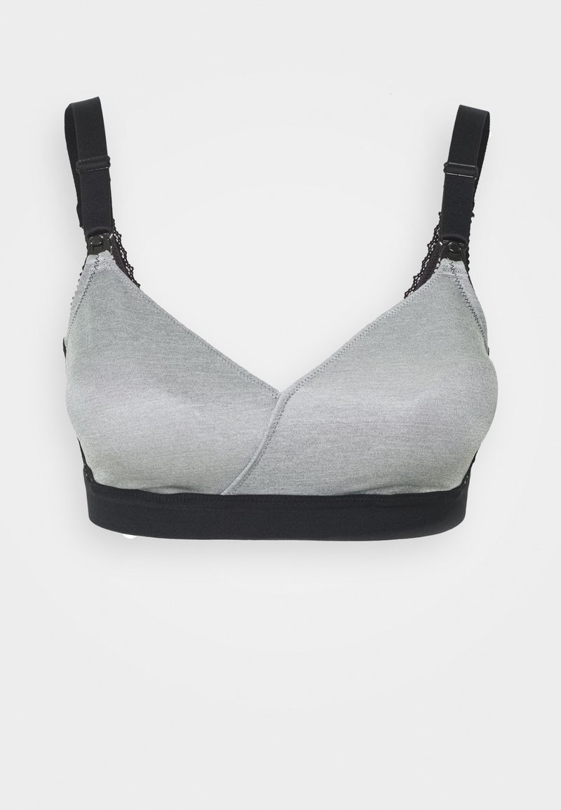 Grijze katoenmix bralette met een V-hals ontwerp, kantaccenten, verstelbare bandjes en een zwarte onderband. Geen beugel, zachte textuur.