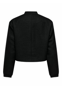 Črna textured jakna s dolgimi rokavi in krojenim krojem, z rebrastimi manšetami in ovratnikom, prikazana s hrbtne strani na beli podlagi.