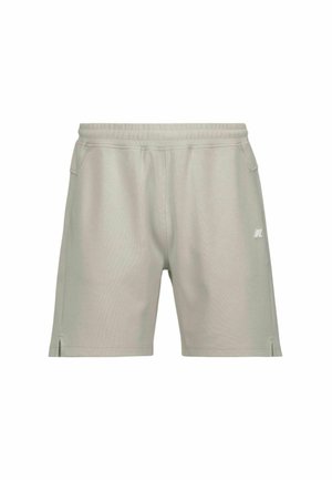 Pantaloni corti di cotone grigio chiaro con vita elastica, tasche laterali e un logo discreto sul davanti. Presenta orlo cucito e spacco sui lati.