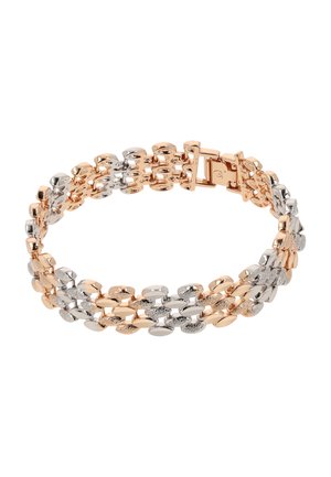 Metal bracelet featuring alternating polished rose gold and silver oval links, textured accents, and a secure clasp closure.