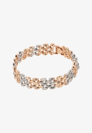 Metallarmband mit abwechselnd polierten roségoldenen und silbernen ovalen Gliedern, strukturierten Akzenten und einem sicheren Verschluss.