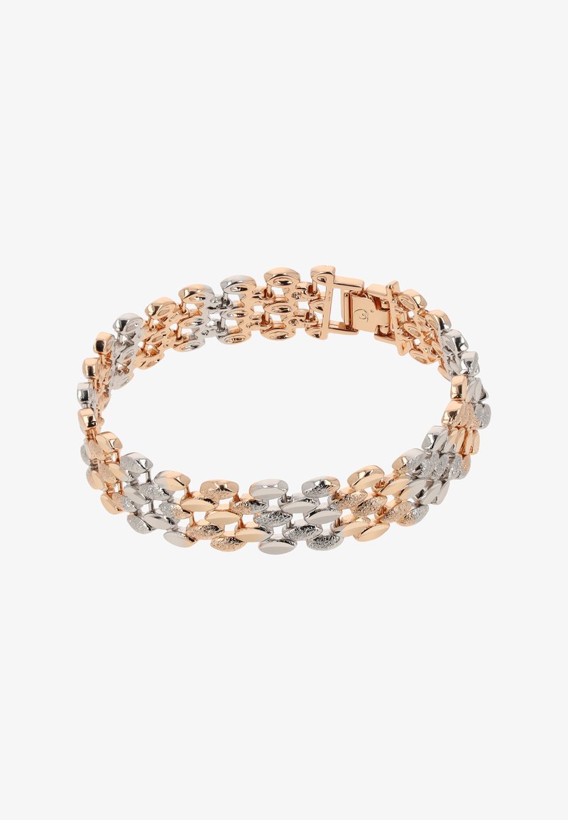 Pulsera de metal que presenta eslabones ovalados alternando en oro rosa pulido y plata, con acentos texturizados y un cierre de seguridad.