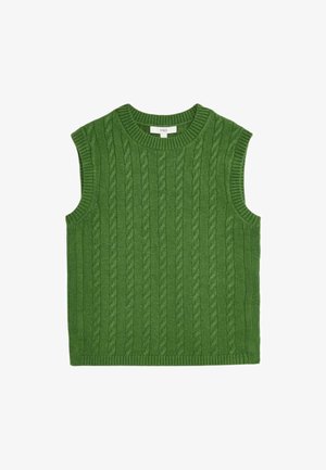 Groene gebreide mouwloze trui met een kabelpatroon, geribbelde halslijn en zoom, met een zachte textuur.
