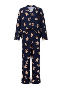 Marineblauw pyjama-set met lange mouwen en broek, versierd met patronen van peperkoekmannetjes en rendieren. Zacht materiaal met een ontspannen pasvorm.