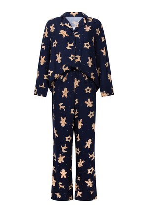 Marinefarbene Pyjama-Set mit langen Ärmeln und Hosen, dekoriert mit Mustern von Lebkuchenmännern und Rentieren. Weicher Stoff mit lockerer Passform.