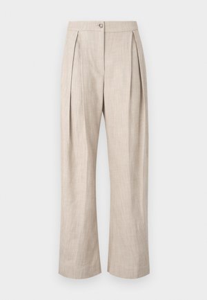 Beige Leinenhose mit Falten, weitem Bein und Knopfverschluss vorne. Der Stoff hat eine strukturierte Optik und eine leichte, atmungsaktive Qualität.