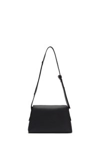 Black leather handbag with a structured design, rectangular shape, adjustable strap, and subtle textured finish. Features a zip closure.