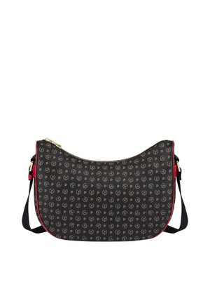 Piccola borsa a tracolla a mezzaluna con tessuto nero e marrone decorato, bordi rossi, cerniera dorata e tracolla nera regolabile.