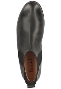 Schwarze Leder-Ankle-Boots mit elastischen Seiteneinsätzen, runder Spitze und glatter Textur. Innen mit "Think!" gekennzeichnet. Schlichtes und funktionales Design.
