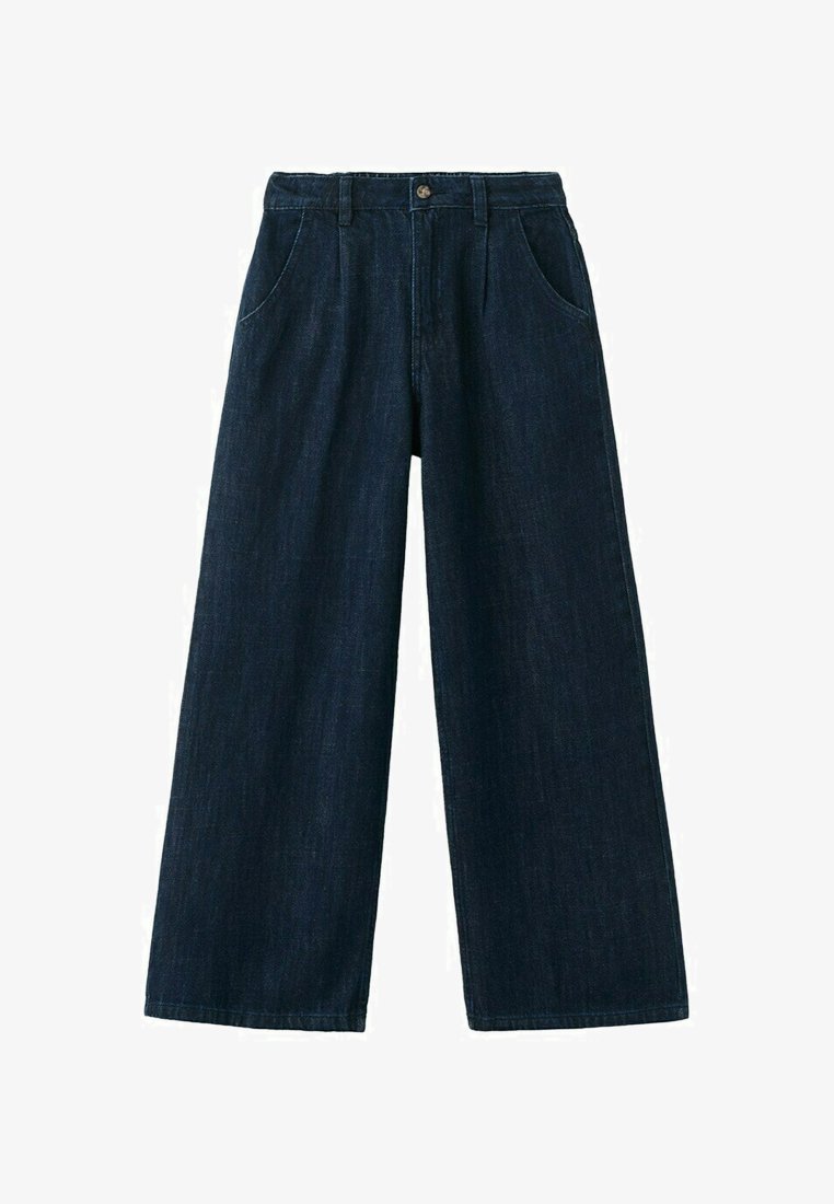 Tmavě modré široké džíny s předními kapsami, poutky na opasek a knoflíkovým zapínáním v pase.