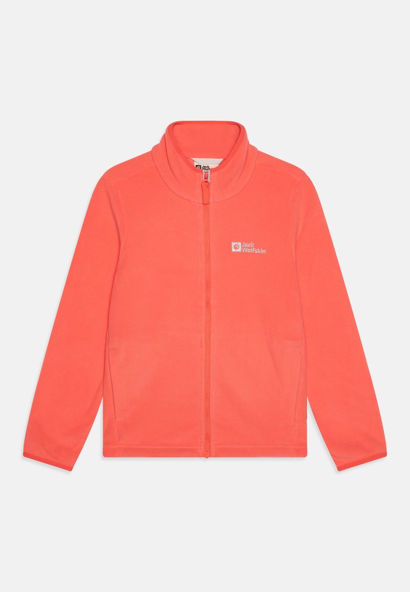 Veste en polaire corail avec fermeture éclair intégrale, col haut et détail de logo. Présente des manches longues et une texture douce.