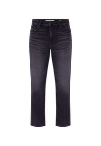 Jeans negri din denim cu croială dreaptă, cinci buzunare și închidere cu buton. Prezintă un ușor efect de decolorare și accente de cusătură.