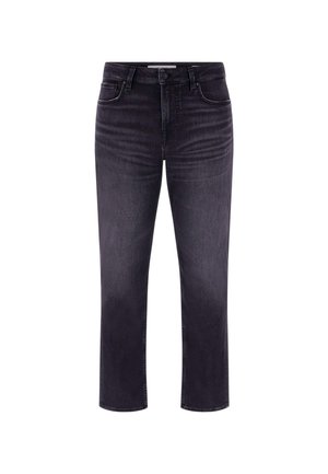 Jeans de mezclilla negros con corte recto, cinco bolsillos y cierre de botón. Presentan un sutil desvanecido y detalles de costura.