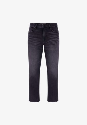 Fekete farmernadrág, egyenes szabású, öt zsebbel és gombos záródással. Finom fakulással és varrási díszítésekkel rendelkezik.