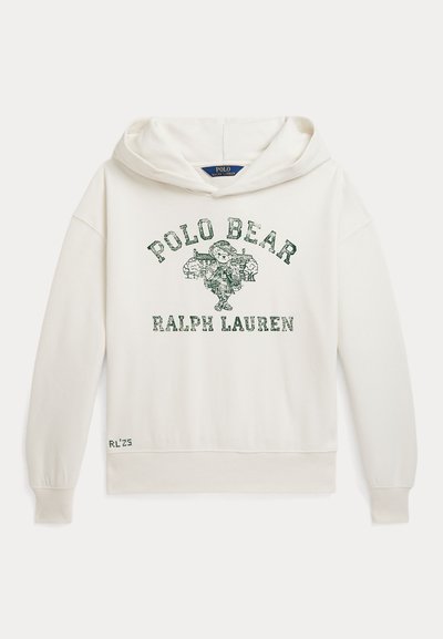 Bílá mikina s kapucí s předním potiskem medvěda v zelené barvě, se textem "POLO BEAR" a "RALPH LAUREN" nad ním. Hladké manžety a lem.