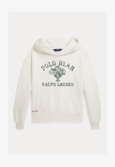 Hoodie branco com uma gráfica frontal de um urso verde, apresentando o texto "POLO BEAR" e "RALPH LAUREN" acima. Punhos e bainha com nervuras.