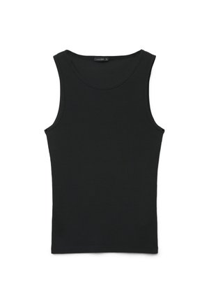 Canotta nera senza maniche con scollo rotondo, disposta in piano su sfondo bianco, mostra il davanti e l'etichetta all'interno del colletto.