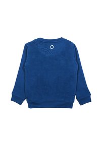 Felpa blu con maniche lunghe, polsini e colletto a coste. Texture morbida con un piccolo dettaglio circolare sul retro del collo.