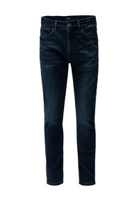 Vaqueros de mezclilla azul oscuro con corte ajustado, cinco bolsillos, un sutil desgastado y costuras clásicas. La tela tiene un ligero brillo.