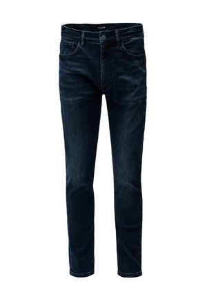 Jeans in denim blu scuro con vestibilità slim, cinque tasche, leggera scoloritura e cuciture classiche. Il tessuto ha una leggera lucentezza.