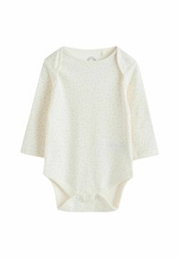 Langärmliger Baby-Body in Creme mit einem gepunkteten Muster aus kleinen Herzen. Weicher Baumwollstoff mit Druckknöpfen im Schritt.
