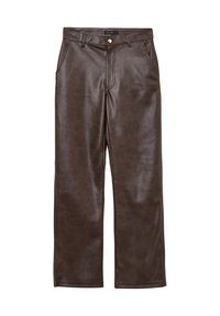 Braune Kunstlederhosen im geraden Schnitt, ausgestattet mit vier Taschen und einem Reißverschluss vorne mit metallischem Knopfverschluss.