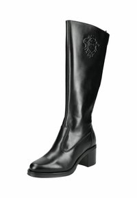 Botte en cuir noir montant jusqu'au genou avec une texture lisse, un bout rond, un talon carré et un détail de logo en relief sur le haut extérieur.